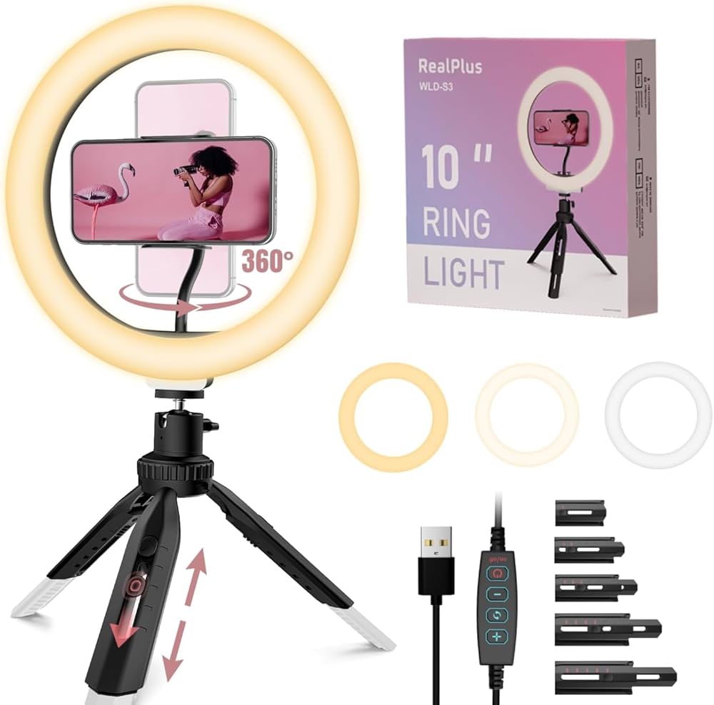 RealPlus 10" Ring Light avec Trépied, Trépied Smartphone & Caméra, avec 3 Effets de lumière et 10 Luminosités, pour Téléphone, Mini Caméra, Tiktok, Youtube, Live Streaming, Vidéo, Cadeaux Noël Femme